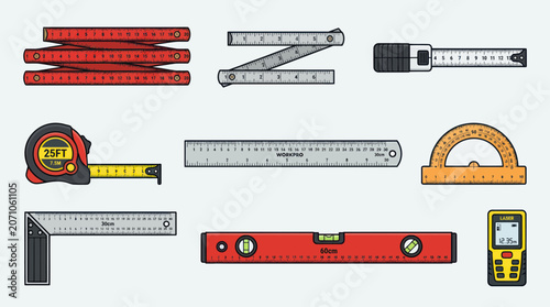 Measuring Tools Collection: Rulers, Tape Measure, Level, Protractor, Laser