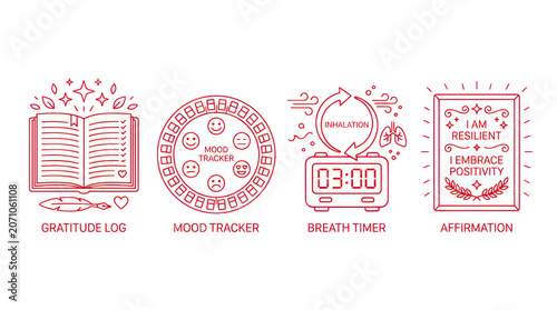 Mental Wellness Icons: Gratitude, Mood, Breath, Affirmation