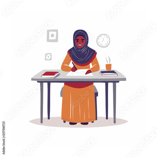 Woman in hijab studying at desk with books and coffee