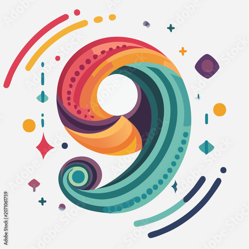 Abstract Number 9 with Colorful Swirls and Geometric Shapes