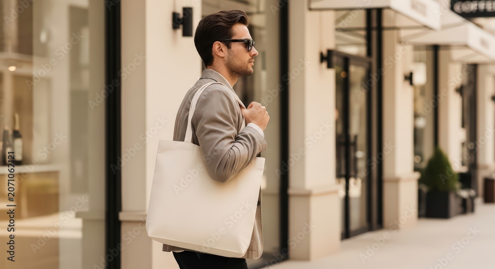 Fototapeta premium Young Man Walking with a Blank White Tote Bag on Shoulder, Urban Street Fashion Mockup, Side Profile Shot