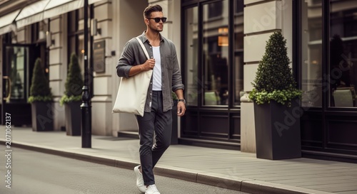 Casual Young Man Walking with a Blank White Tote Bag in a Modern City Environment, Urban Lifestyle and Street Fashion
