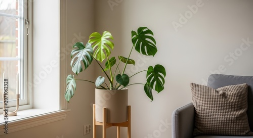 Minimalist Living Room Mockup with Monstera Plant and Neutral Furniture, Bright and Airy Interior Design Concept