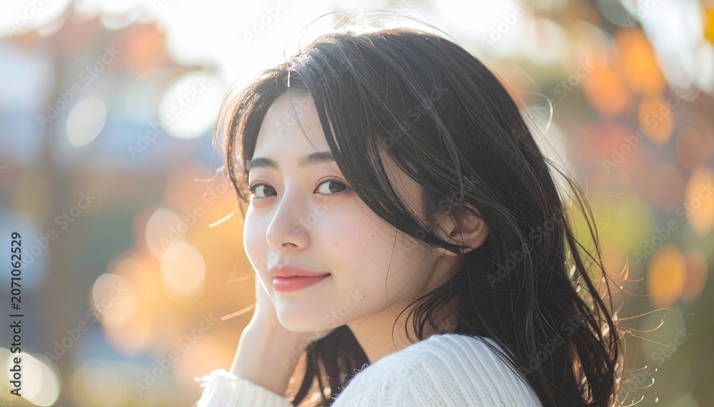 Obraz premium 清楚で可愛らしい日本人女性の美容ポートレート 白背景のナチュラルスキンケアイメージ