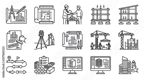 Construction and Architecture Icons: Blueprint, Planning, Building Process, Engineering