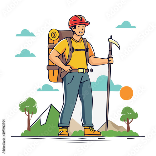 Hiker with backpack and walking stick in mountains