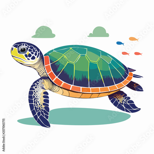 Illustration of a Sea Turtle Swimming with Small Fish and Clouds