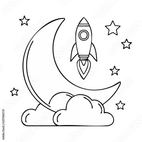 Line art rocket flying past moon with stars and clouds