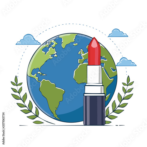 Lipstick in front of the Earth with clouds and leaves