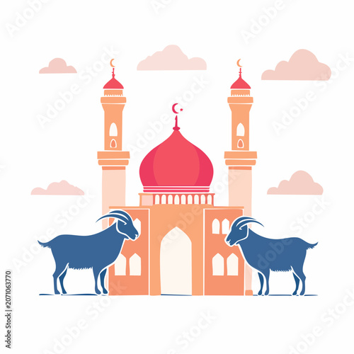 Mosque with Goats and Clouds Illustration