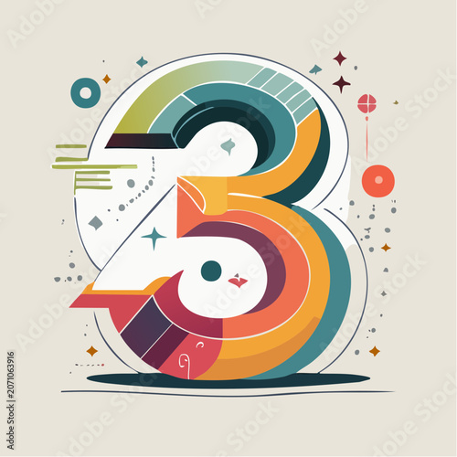 Abstract Number 3 Illustration with Geometric Shapes and Vibrant Colors