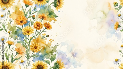 Watercolor floral background with sunflowers and marigolds