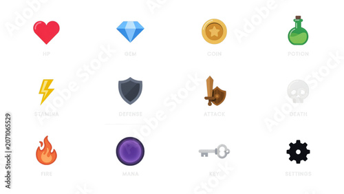 Set of sixteen colorful flat icons representing emotions, objects, and actions Vector