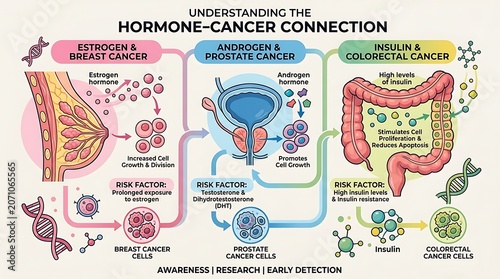 Medical infographic showing the connection between hormones and cancer