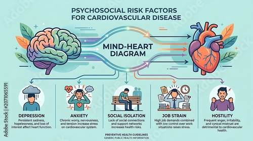 Mind-heart connection infographic for cardiovascular health factors
