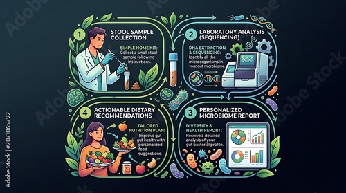 Medical infographic showing gut microbiome analysis and nutrition steps