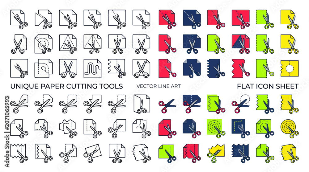 Naklejka premium Paper Cutting Tools Vector Icons: Scissors, Shapes, and Patterns