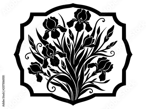 Black and white iris flower bouquet illustration in a decorative frame