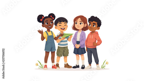 Group of five happy children standing together and smiling outdoors Vector