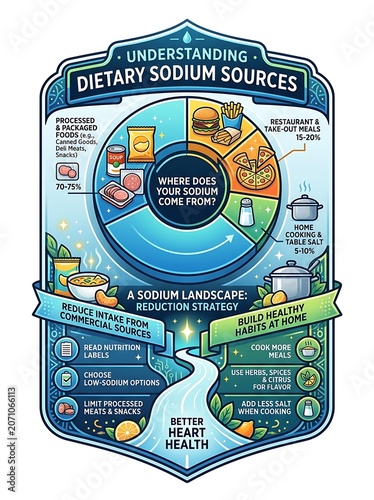 Educational infographic about dietary sodium sources and heart health