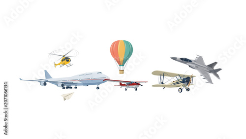 Colorful cartoon airplanes and hot air balloon flying together in the sky Vector