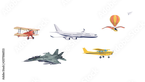 Colorful collection of five different types of airplanes and a hot air balloon flying in the sky Vector
