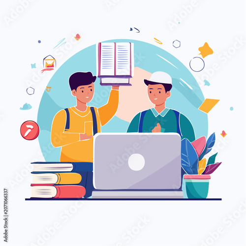 Students Learning Together with Books and Laptop