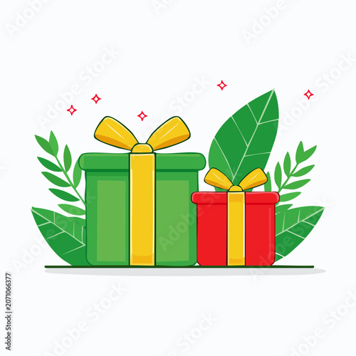 Two Gift Boxes with Ribbons and Green Leaves