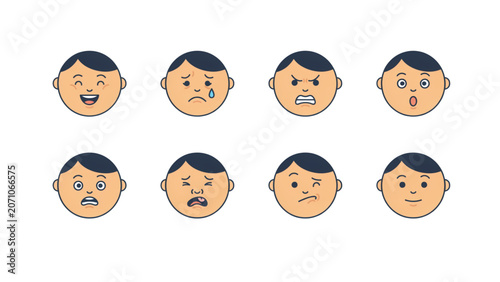 Set of six cartoon emotion faces with different expressions showing happiness, surprise, sadness, and anger Vector