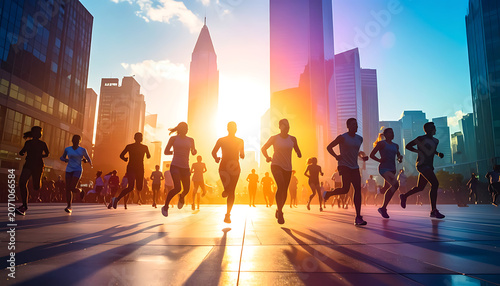 Group of diverse runners racing on city street at sunrise, healthy lifestyle, urban fitness, golden hour light