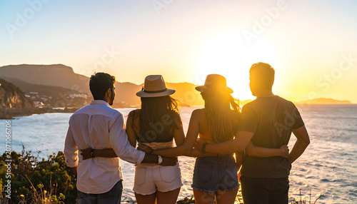 Group of friends embracing while watching a vibrant sunset over the ocean, silhouette against golden light, coastal landscape, warm atmosphere