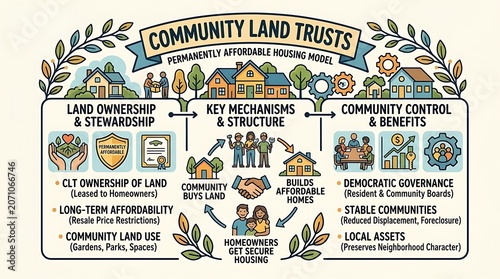 Community land trust infographic explaining affordable housing models
