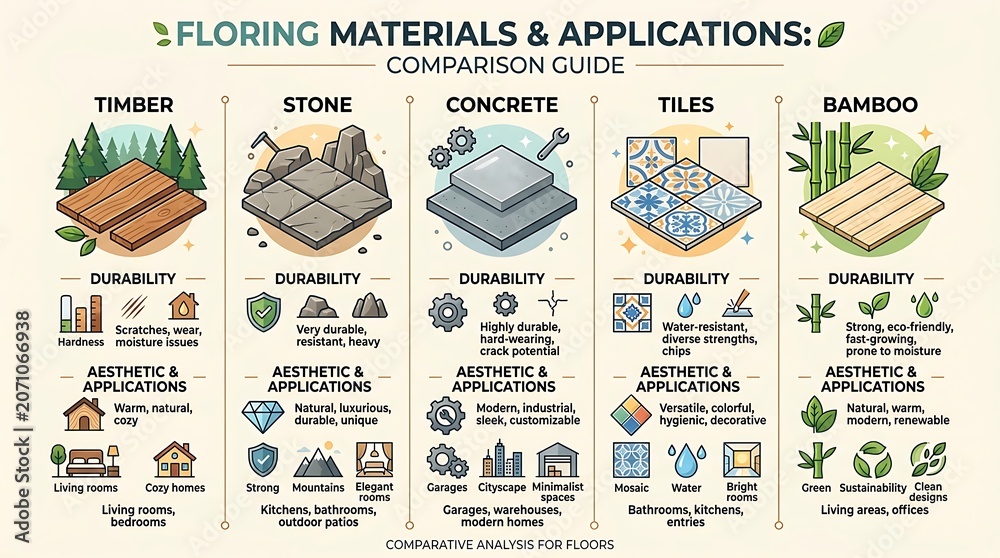 Naklejka premium Comparison guide for different types of flooring materials and usage