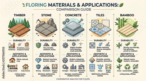 Comparison guide for different types of flooring materials and usage