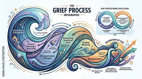 Infographic explaining the stages and journey of the grief process