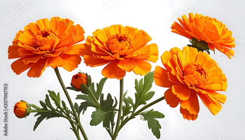 Group of vibrant orange ranunculus flowers with green leaves and buds on a light background, symbolizing spring and natural beauty