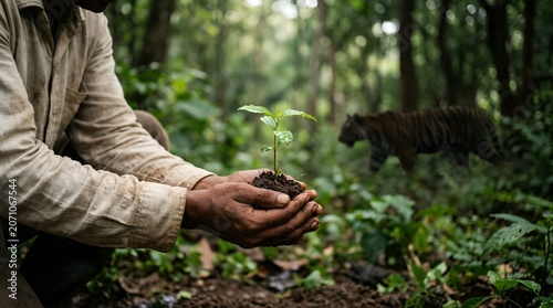 Man's Hands Holding Sapling in Forest, Tiger in Background, Conservation Concept