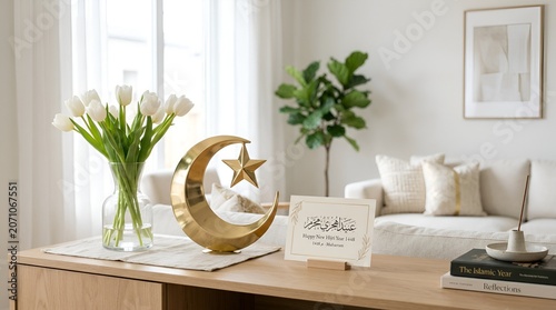 Ramadan Kareem decor with crescent moon, star, tulips and Islamic calligraphy