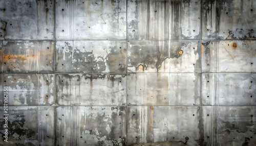 Grungy concrete wall texture with weathered patches and water stains, industrial background with distressed surface details