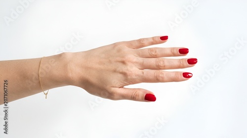 Woman's Hand with Red Nails and Delicate Bracelet on White Background