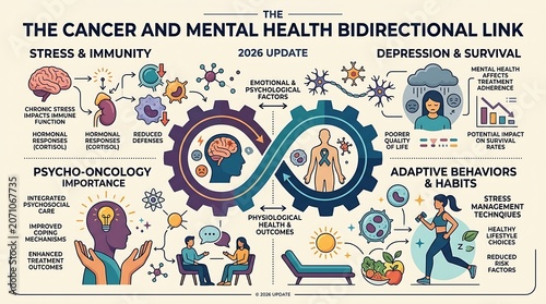 Infographic showing the bidirectional link between cancer and health