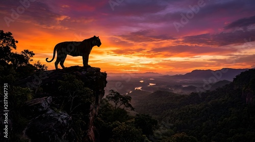 Majestic Tiger Silhouette on Cliff Edge Overlooking Misty Forest Valley at Sunset
