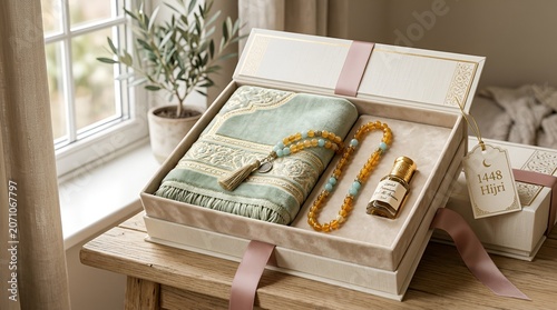 Islamic Gift Box: Prayer Mat, Rosary Beads, and Perfume Oil for Ramadan