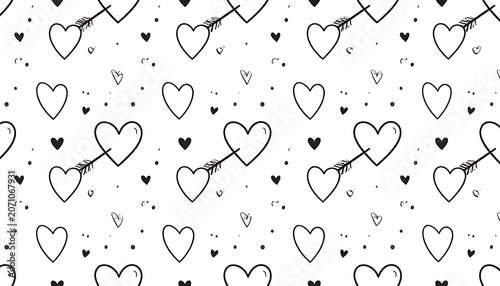 Hand drawn seamless pattern with hearts pierced by arrows and small dots, doodle style valentine background