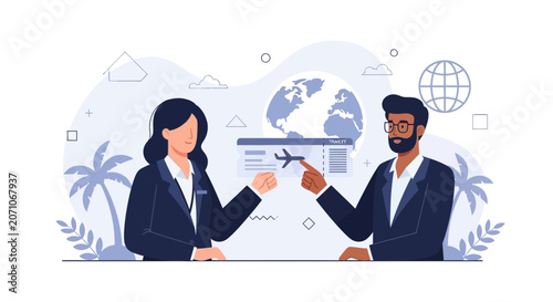 Travel agents discussing flight tickets and global destinations, modern flat design vector illustration