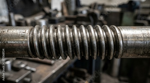 Close-up of a metal screw mechanism with threaded shaft in a workshop