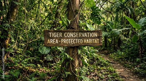 Tiger Conservation Area Sign in Lush Tropical Rainforest