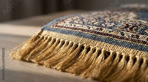 Close-up of a fringed oriental rug on a wooden surface, detailed texture