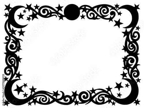 Celestial Moon and Stars Tribal Style Silhouette Frame Border