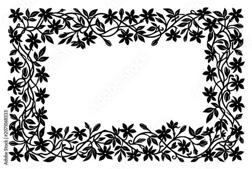 Decorative floral border frame with black flower silhouettes and vines